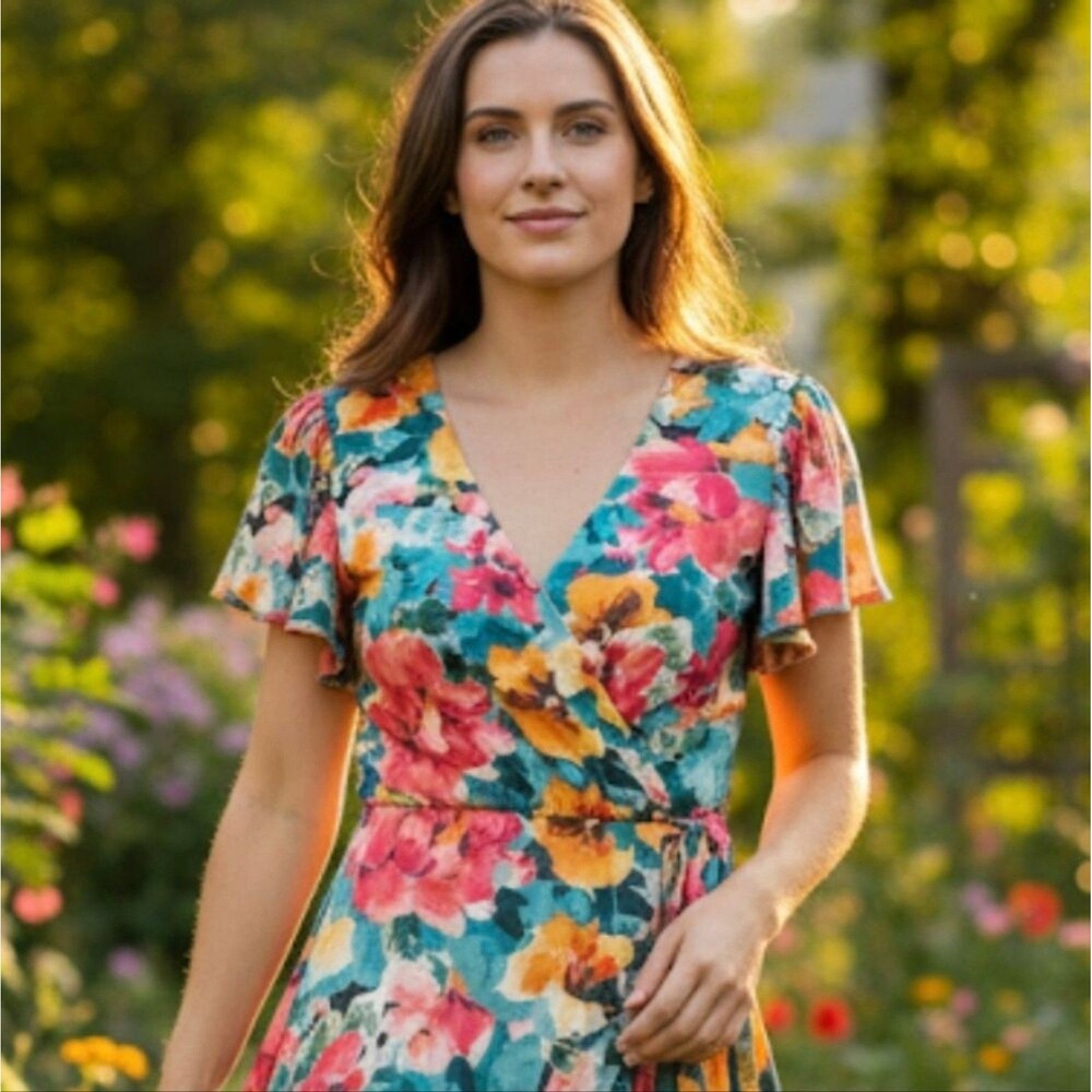 Nicole Miller Floral V-Neck Maxi Dress Size S - Picture 14 of 16